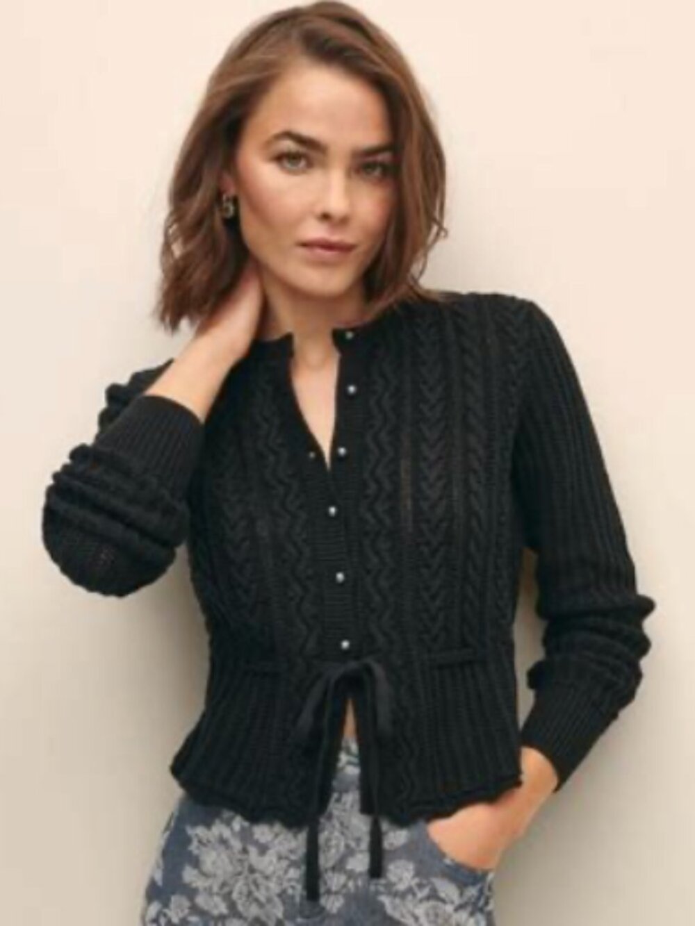 Brooks Brothers Mercerized Cotton Crochet Peplum Cardigan Black Size M Tie Front - Picture 4 of 4